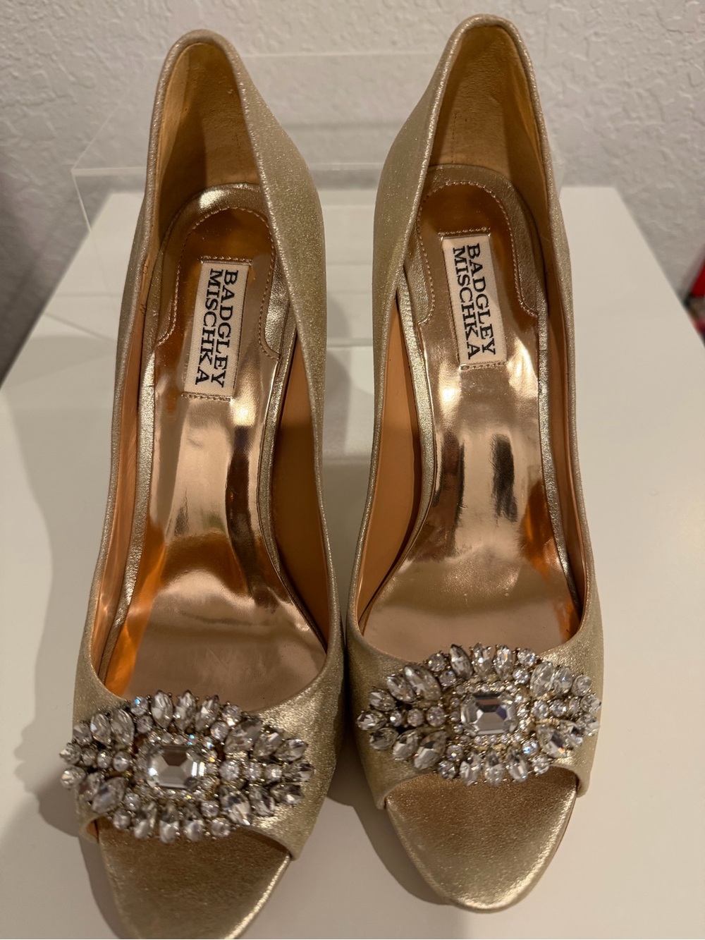 Badgley Mischka Champagne Gold Jeweled Peep-Toe Pumps